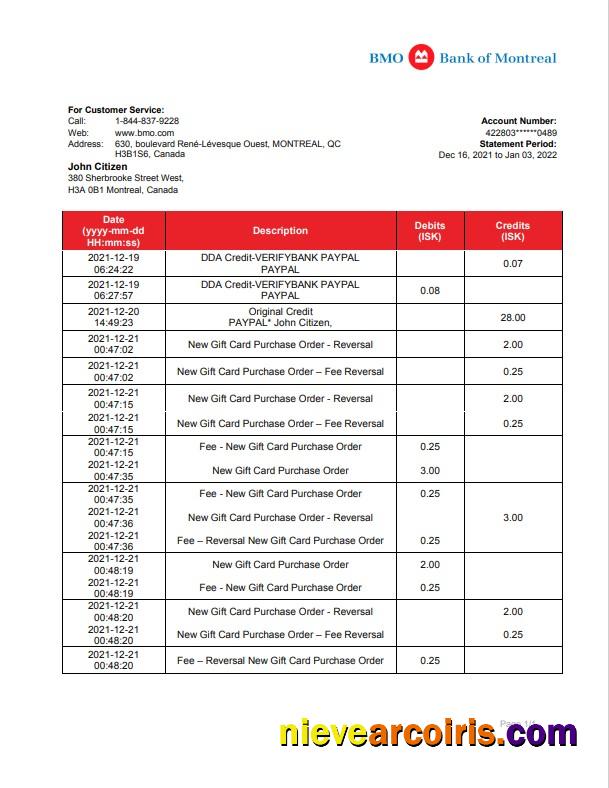 Canada Bank of Montreal bank statement in Word and PDF format (.doc and .pdf)